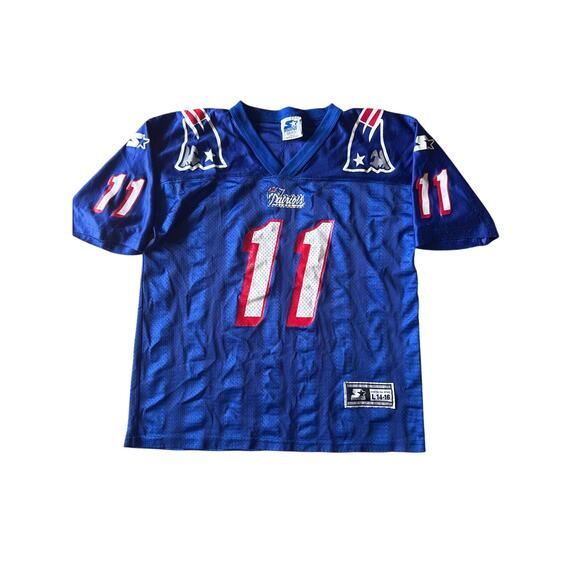Vintage NFL New England Patriots 11 Bledsoe Starter USA Made Blue Youth L Jersey - Picture 1 of 8